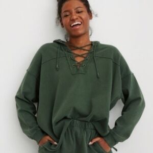 Aerie Lace Up Drawstring Oversized Hooded Sweatshirt Size S Evergreen